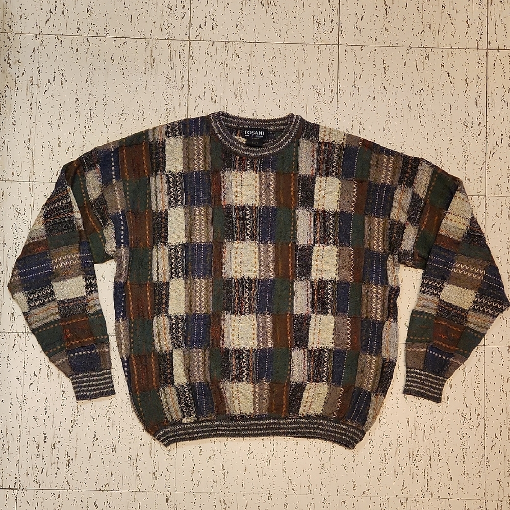 Tosani Coogi Style Textured Block Pattern Knit Crewneck Sweater Vintage 90s